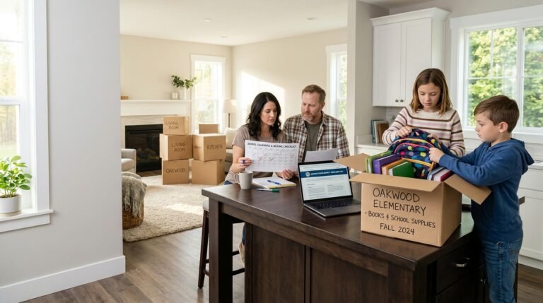 Parents and school-age children packing books and backpacks into moving boxes beside a school calendar